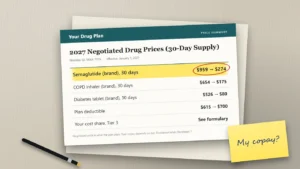 A pharmacy price summary on a desk showing a 30-day drug price changing from $959 to $274, with the new price circled.