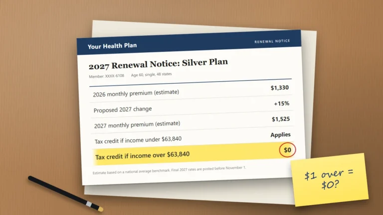Illustrated 2027 health plan renewal notice on a desk with the new monthly premium highlighted and circled