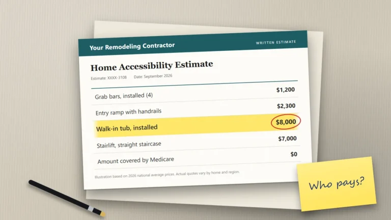 A contractor's written estimate for home accessibility work on a table, with the walk-in tub line highlighted at $8,000 and a sticky note reading "Who pays?