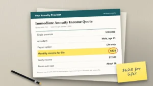 Illustration of an immediate annuity income quote for a $100,000 premium with the monthly income line of $625 highlighted