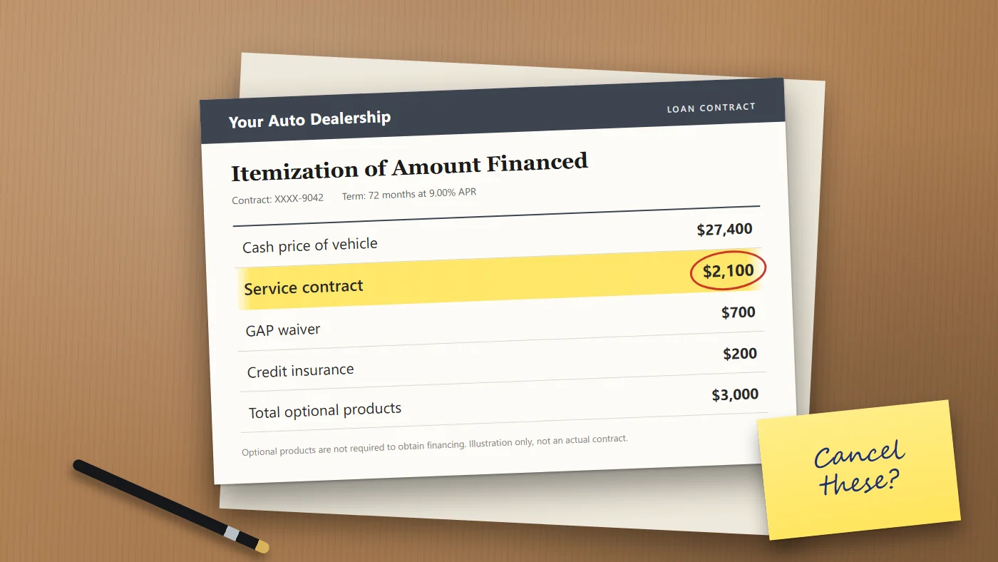 Illustrated car loan contract on a desk with the itemization of amount financed showing a $2,100 service contract highlighted, GAP and credit insurance lines below it, and a sticky note reading "Cancel these?".