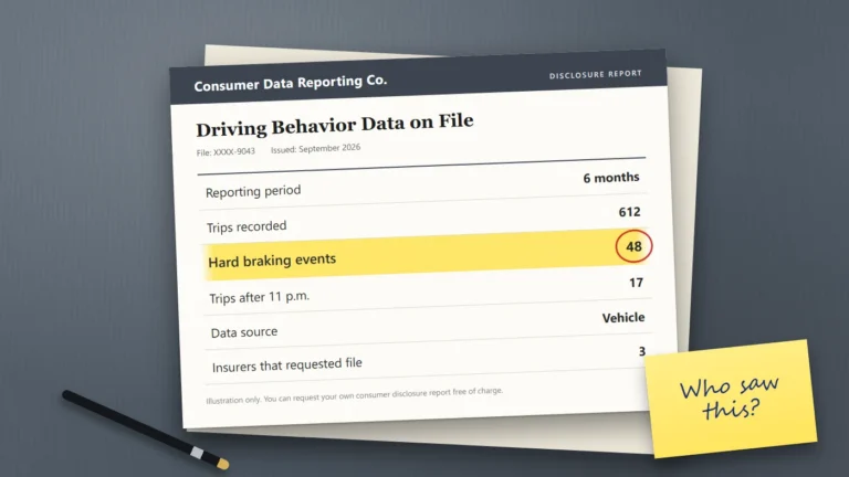 A consumer disclosure report on a dark desk listing trips recorded, hard braking events and late-night trips for one vehicle, with the hard braking line highlighted and a sticky note reading "Who saw this?