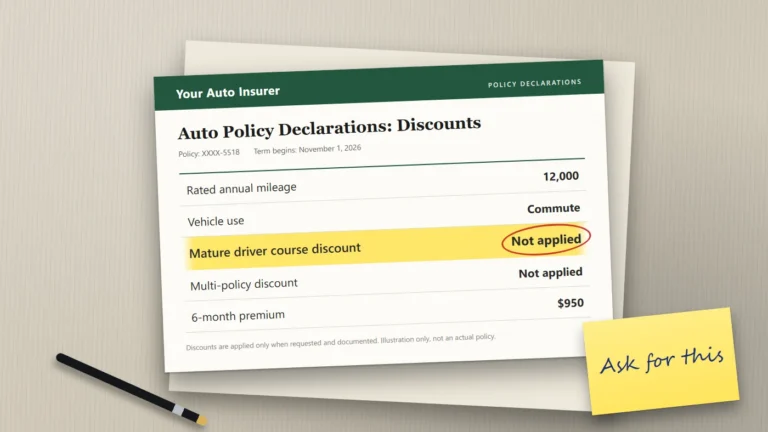 Illustrated auto policy declarations page on a desk with the line "Mature driver course discount: Not applied" highlighted and a sticky note reading "Ask for this".