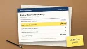 An auto policy renewal summary on a desk showing the six-month premium rising from $1,118 to $1,308 with zero claims and zero violations, and a sticky note reading "+$380 a year?