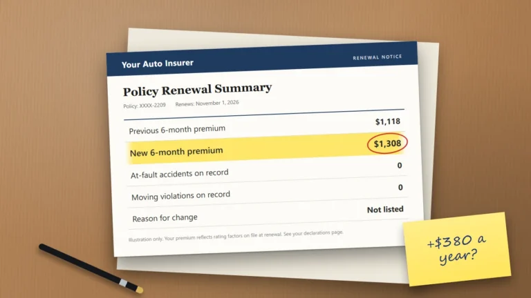 An auto policy renewal summary on a desk showing the six-month premium rising from $1,118 to $1,308 with zero claims and zero violations, and a sticky note reading "+$380 a year?