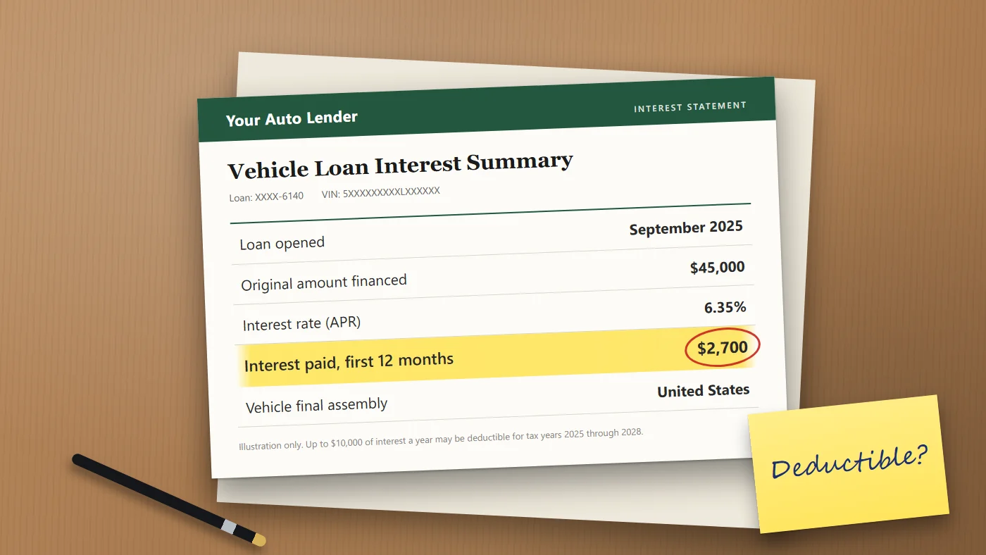 An auto loan interest summary on a desk with the line "Interest paid, first 12 months: $2,700" highlighted and a note reading "Deductible?".