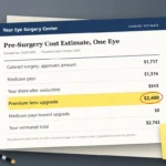 Illustrated surgical cost estimate on a slate desk showing Medicare's covered share of $343 and a premium lens upgrade of $2,400 per eye circled, with a sticky note reading "Not covered?