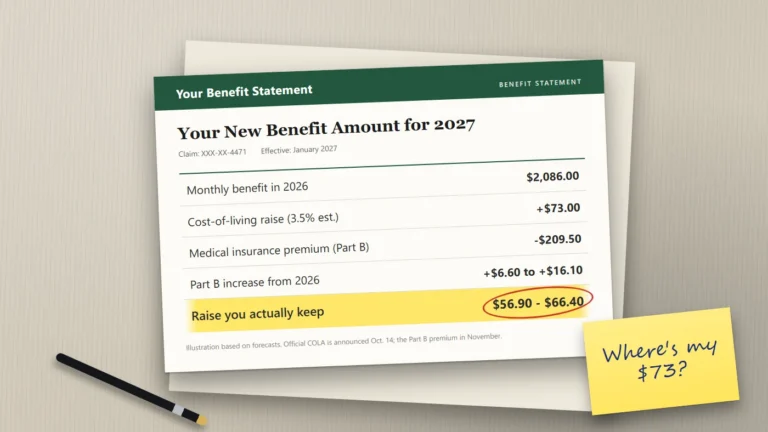 A benefit statement on a desk showing a $73 monthly raise, a Medicare Part B deduction, and the net increase circled.