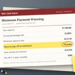 A credit card statement on a desk with the minimum payment warning box highlighted, showing 19 years to pay off a $7,500 balance at minimum payments.