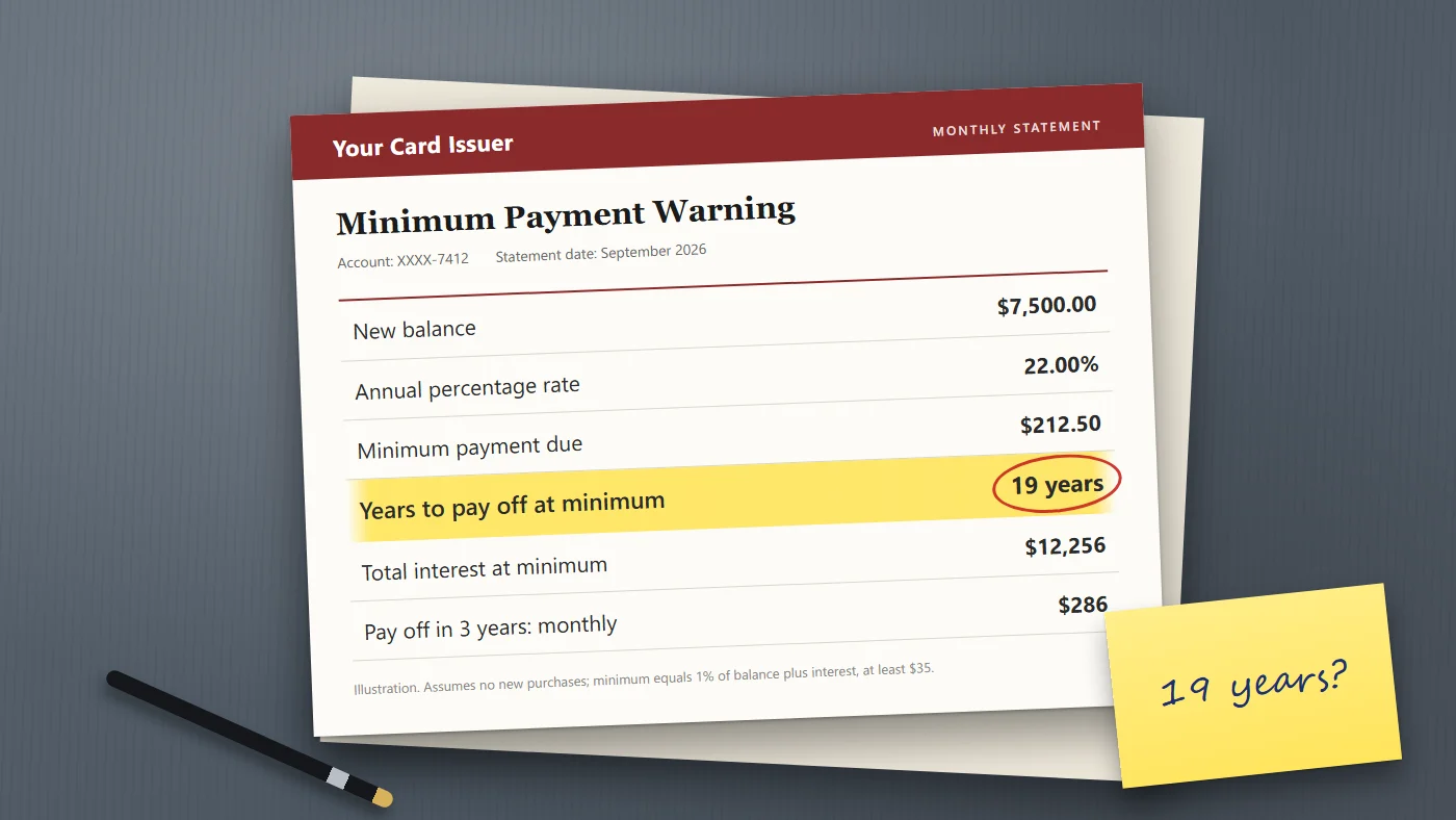 A credit card statement on a desk with the minimum payment warning box highlighted, showing 19 years to pay off a $7,500 balance at minimum payments.