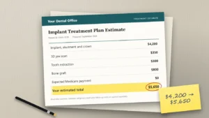 Illustrated dental treatment estimate on a desk with the $5,650 total circled and a sticky note reading "$4,200 → $5,650