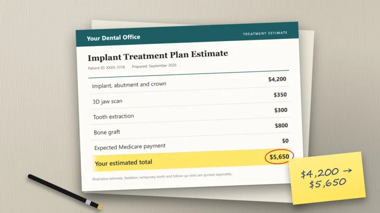 Illustrated dental treatment estimate on a desk with the $5,650 total circled and a sticky note reading "$4,200 → $5,650