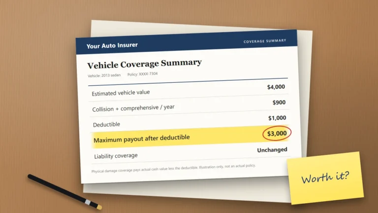 Illustrated auto policy coverage summary on a desk showing collision and comprehensive premiums of $900 a year next to a maximum payout of $3,000, with a sticky note reading "Worth it?".