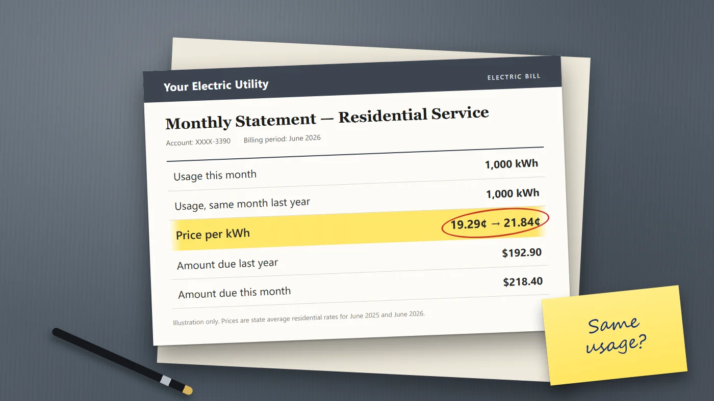 An electric bill on a desk with the line "Price per kWh: 19.29¢ → 21.84¢" highlighted and a sticky note reading "Same usage?".