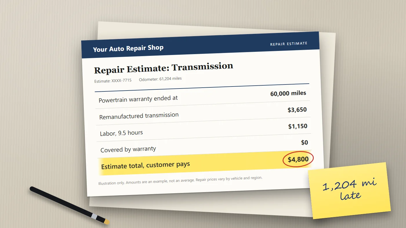 A repair shop estimate on a desk with the total "$4,800" highlighted and a sticky note reading "1,204 mi late".