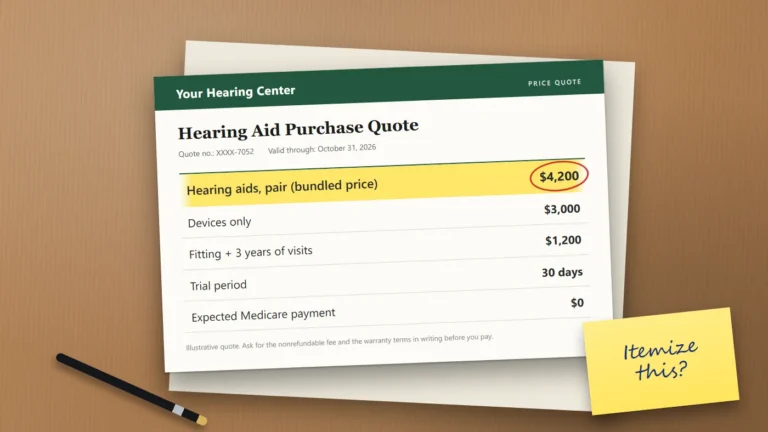 Illustrated hearing aid purchase quote on a wooden desk with the $4,200 bundled price circled and a sticky note reading "Itemize this?