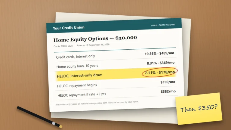 A home equity loan comparison sheet on a desk with the HELOC interest-only payment of $178 highlighted and a sticky note reading "Then $350?".