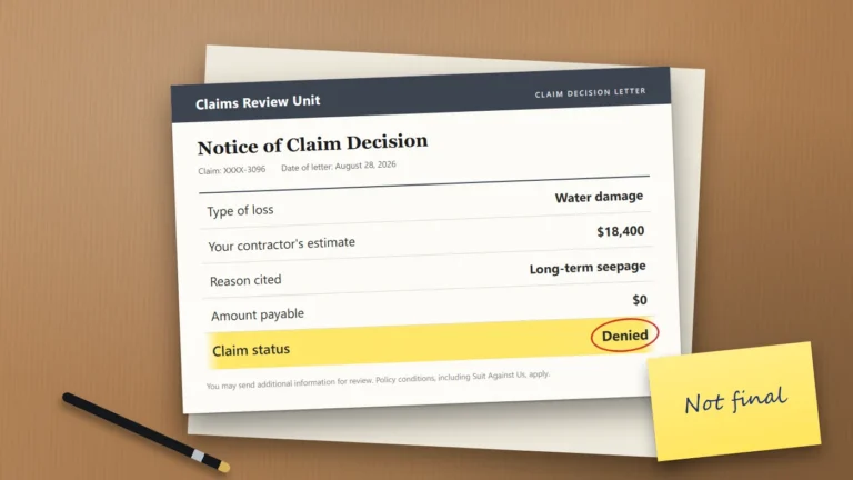 Illustrated claim decision letter on a desk showing a water damage claim marked denied, with a sticky note reading "Not final.