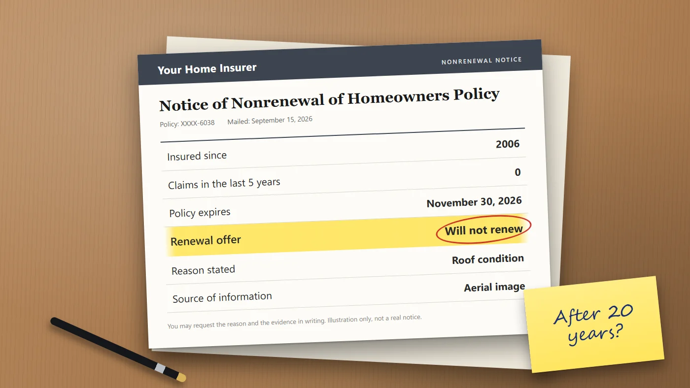 Illustration of a homeowners insurance nonrenewal notice with the line showing the policy will not be renewed highlighted