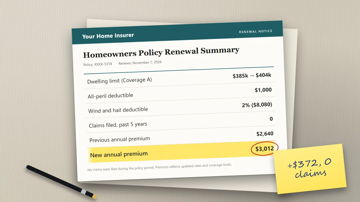 Illustrated home insurance renewal summary on a desk showing the annual premium rising from $2,640 to $3,012 with zero claims filed.