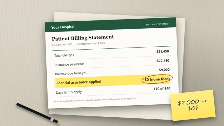 Illustrated hospital billing statement on a desk with the financial assistance notice highlighted and the balance circled