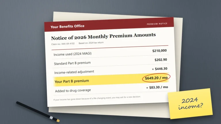 A premium notice on a desk showing a monthly Part B premium of $649.20 based on 2024 income, with the amount circled and a note asking about 2024.