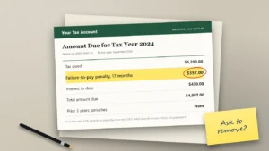 A tax balance-due notice on a desk with the failure-to-pay penalty line highlighted and a sticky note asking whether first-time abatement applies.