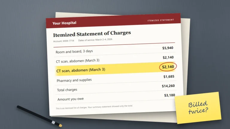 Illustrated itemized hospital statement on a desk with a duplicate CT scan charge highlighted and circled