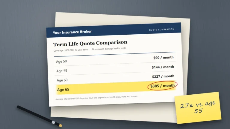 A life insurance quote comparison sheet on a slate desk with the line for age 65 highlighted at $385 a month and a sticky note reading "2.7x vs. age 55