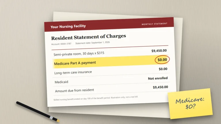 Illustration of a nursing facility monthly statement showing $9,450 due and a Medicare payment line of $0.00 highlighted