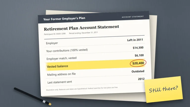 A retirement plan account statement from a former employer on a desk, with the vested balance circled and a note asking whether the account was ever rolled over.