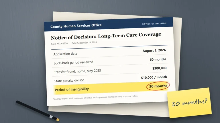 Illustration of a county notice of decision showing a $300,000 home transfer and a 30-month period of ineligibility highlighted