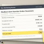 Illustrated medical alert service order form on a linen desk with the first-year total of $834 circled and a sticky note reading "Ad said $40?