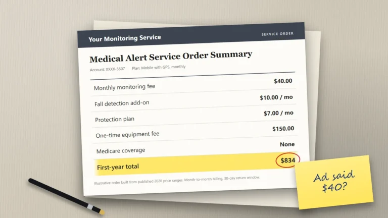 Illustrated medical alert service order form on a linen desk with the first-year total of $834 circled and a sticky note reading "Ad said $40?