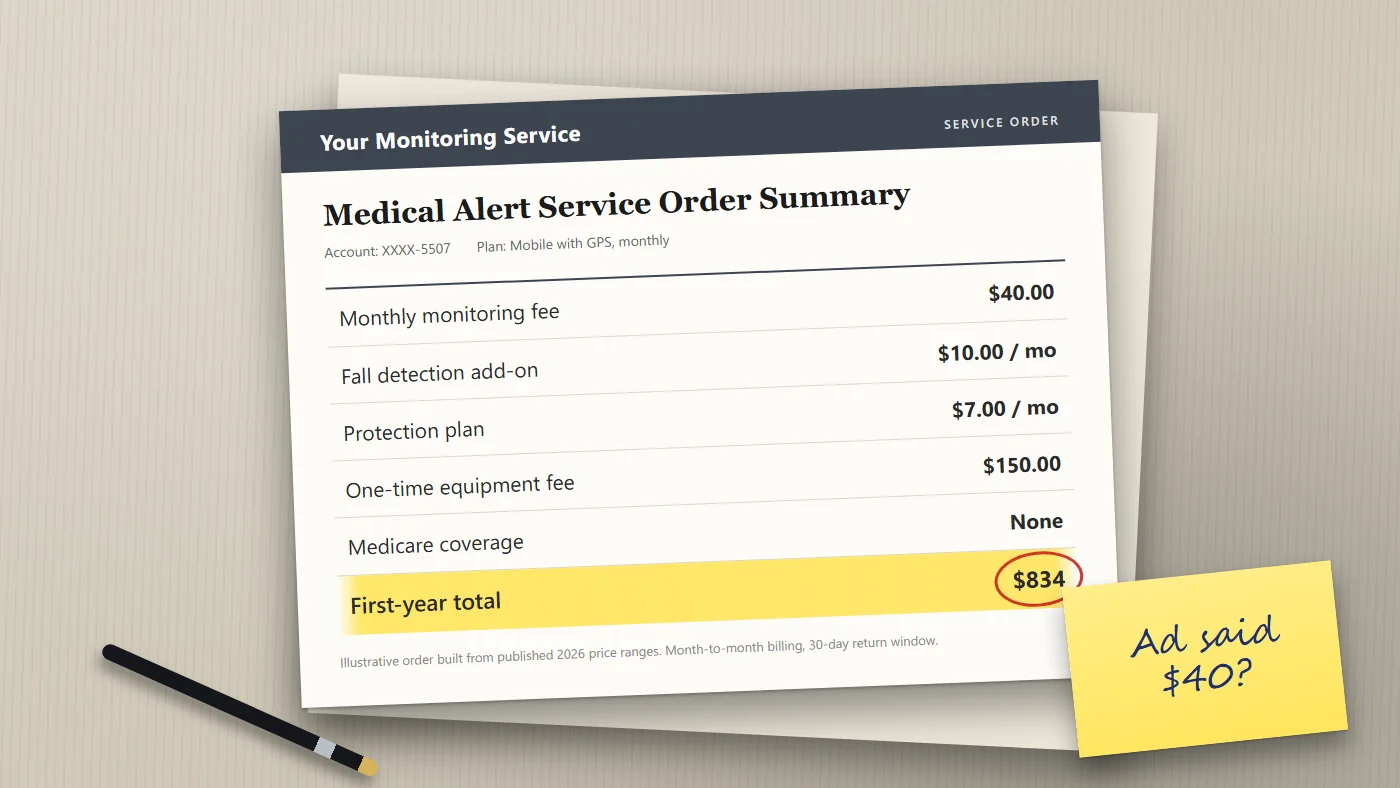 Illustrated medical alert service order form on a linen desk with the first-year total of $834 circled and a sticky note reading "Ad said $40?