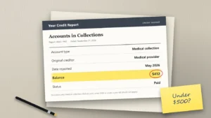 Illustrated credit report page on a desk with a medical collection account under $500 highlighted and circled