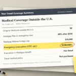 — A travel medical coverage summary on a desk showing an emergency evacuation cost of more than $100,000 and Original Medicare's share listed as $0, with a sticky note reading "Buy before you sail".