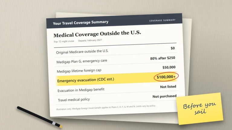 — A travel medical coverage summary on a desk showing an emergency evacuation cost of more than $100,000 and Original Medicare's share listed as $0, with a sticky note reading "Buy before you sail".