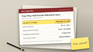 A plan non-renewal notice on a desk showing coverage ending December 31, 2026, with the last day of coverage circled.