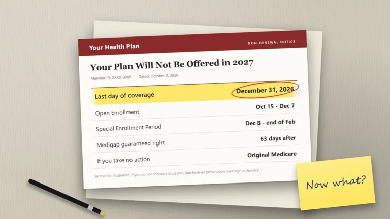 A plan non-renewal notice on a desk showing coverage ending December 31, 2026, with the last day of coverage circled.