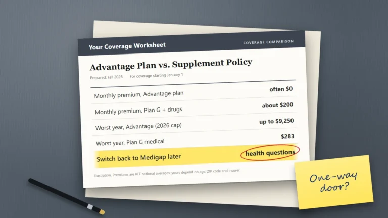 A side-by-side coverage comparison sheet on a desk, with the line about switching back to Medigap and health questions circled.