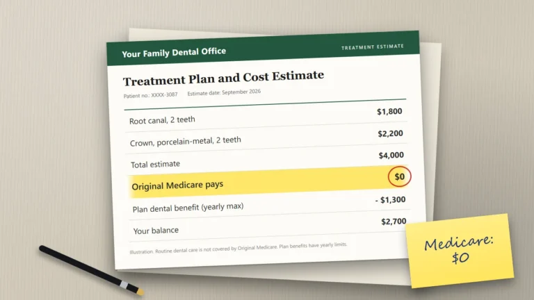 A dental treatment estimate on a desk totaling $4,000, with a circled line showing Original Medicare pays $0, a plan benefit of $1,300 and a patient balance of $2,700.