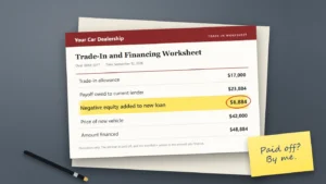 A dealer trade-in worksheet on a desk with the line "Negative equity added to new loan: $6,884" highlighted.