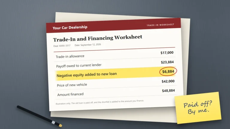 A dealer trade-in worksheet on a desk with the line "Negative equity added to new loan: $6,884" highlighted.