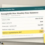 A printed price comparison sheet on a desk showing five monthly prices for a semaglutide pen, with the $274 Medicare negotiated price for 2027 circled.