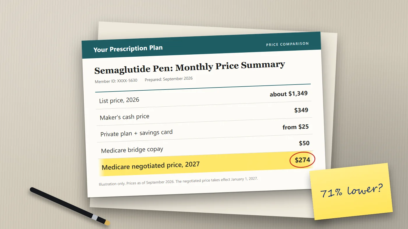 A printed price comparison sheet on a desk showing five monthly prices for a semaglutide pen, with the $274 Medicare negotiated price for 2027 circled.