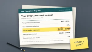 A drug plan notice on a desk comparing 2026 and 2027 costs, with the out-of-pocket maximum rising from $2,100 to $2,400 circled.