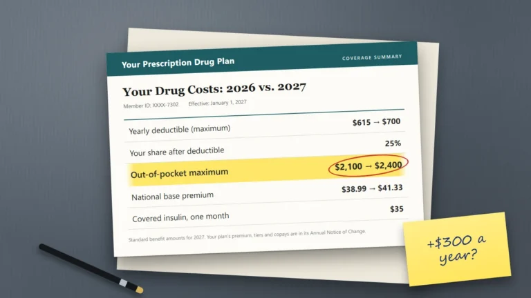 A drug plan notice on a desk comparing 2026 and 2027 costs, with the out-of-pocket maximum rising from $2,100 to $2,400 circled.