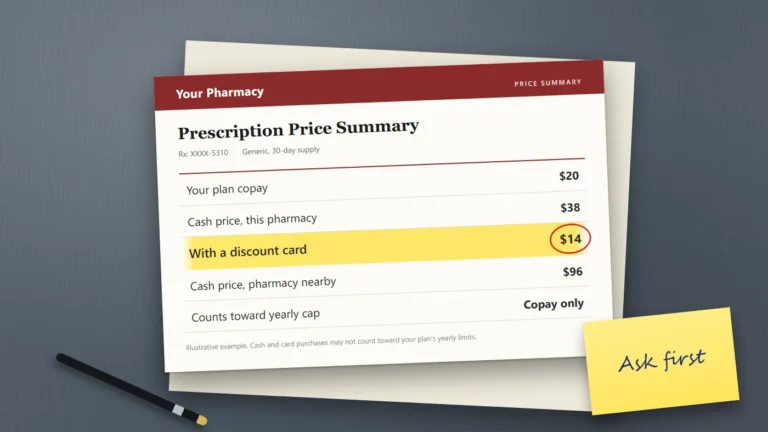 Illustrated pharmacy price summary on a dark desk showing four prices for one prescription, with the $14 discount price circled and a sticky note reading "Ask first