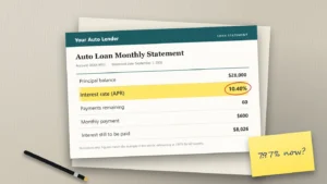 A car loan statement on a desk with the interest rate line "10.40%" highlighted and a sticky note reading "7.97% now?".
